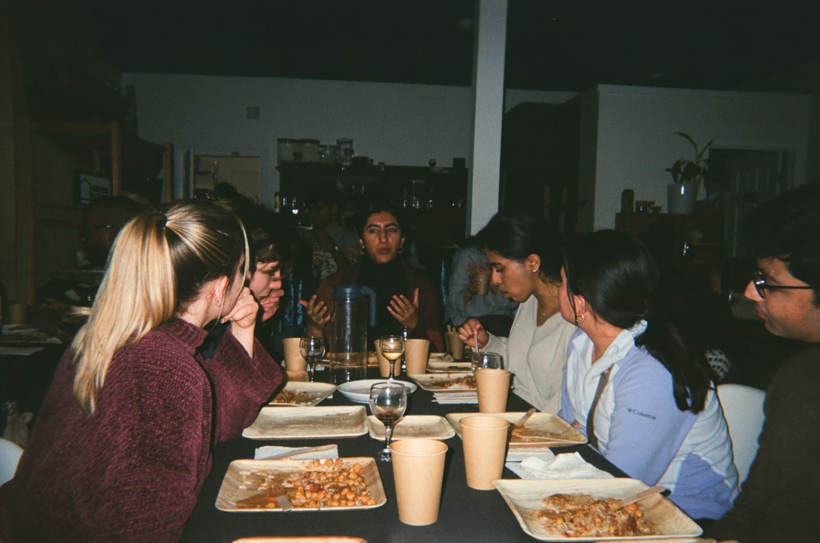 A dinner table receding into conversation; women in mid-gesture.